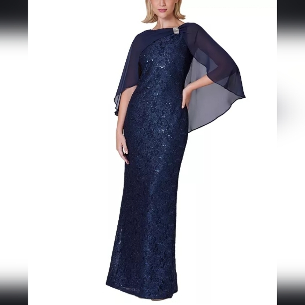 NWT Jessica Howard Embellished Sequin Capelet Gown in Navy 8P